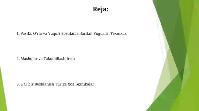 Pastki, O'rta va Yuqori Boshlanishlardan Yugurish Texnikasi 2