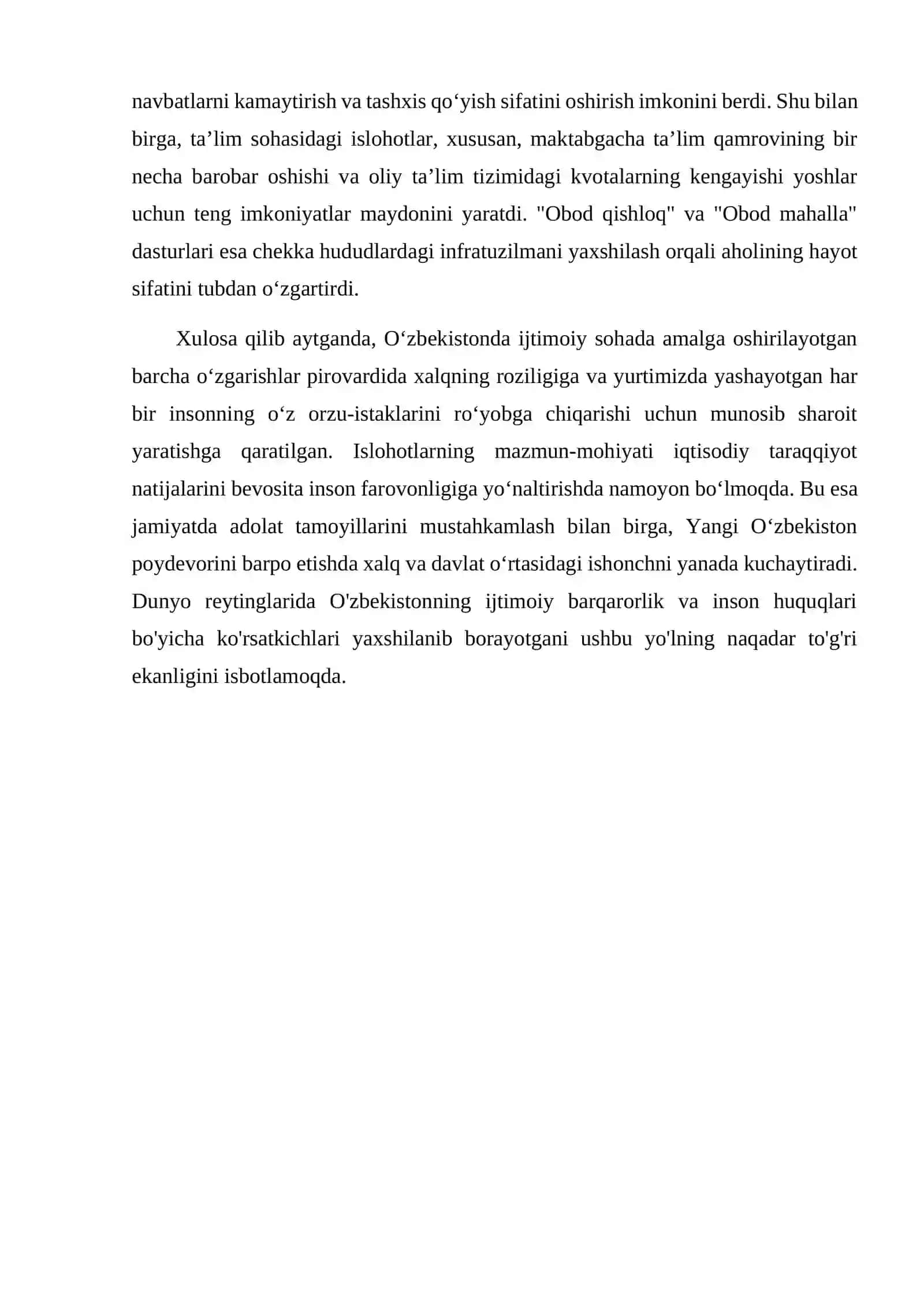 Yangi O‘zbekistonda Ijtimoiy Sohadagi Islohotlar esse 2