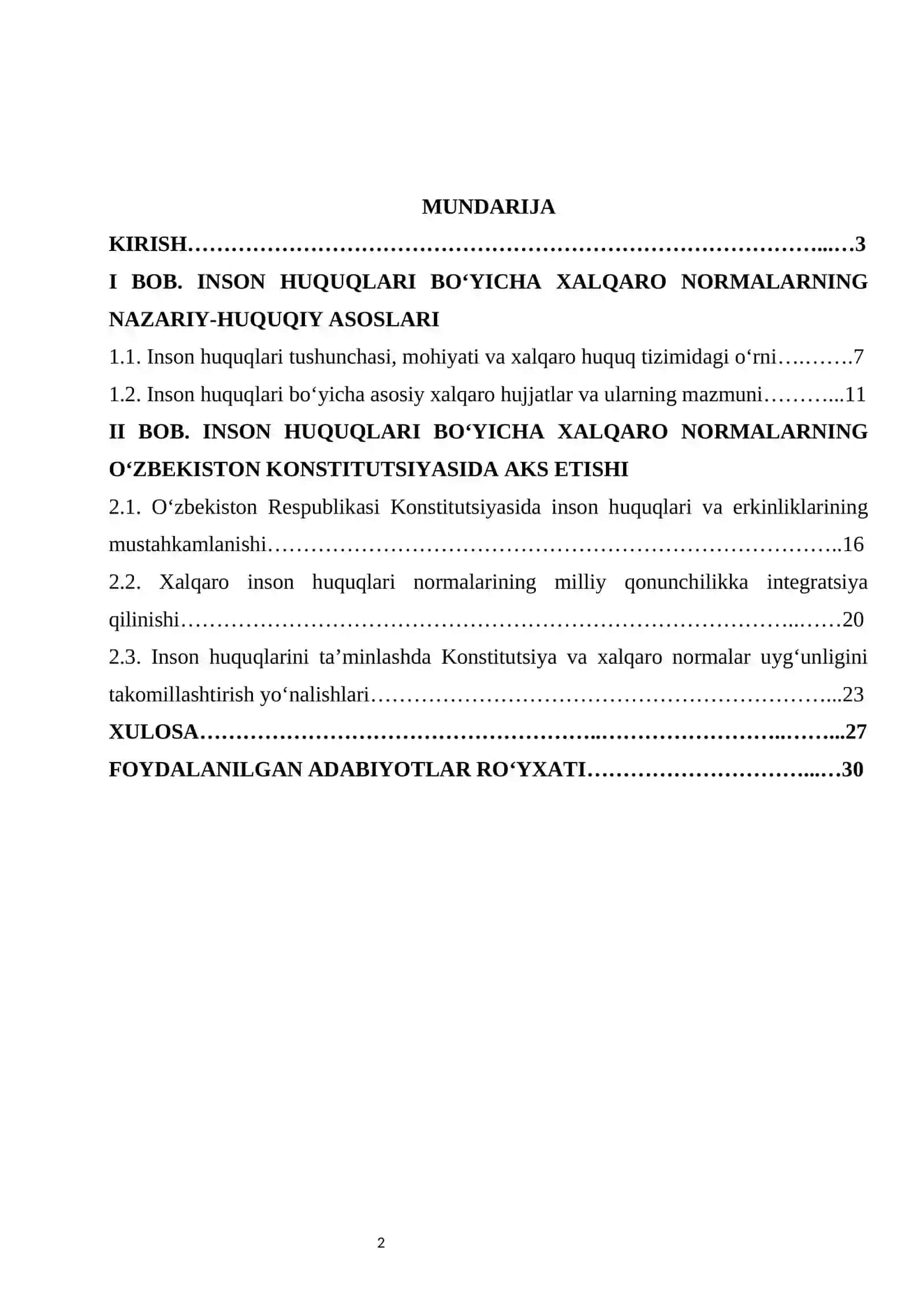 Inson huquqlari bo‘yicha xalqaro normalar va Konstitutsiya kurs ishi 2