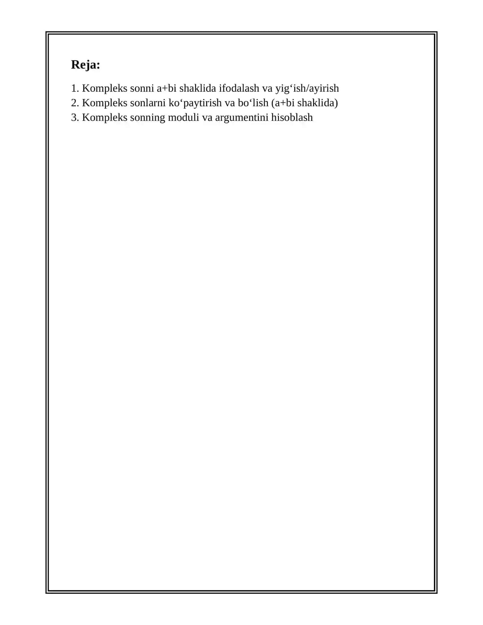 KOMPLEKS SON SHAKLLARI, ULAR USTIDA AMALLAR 2