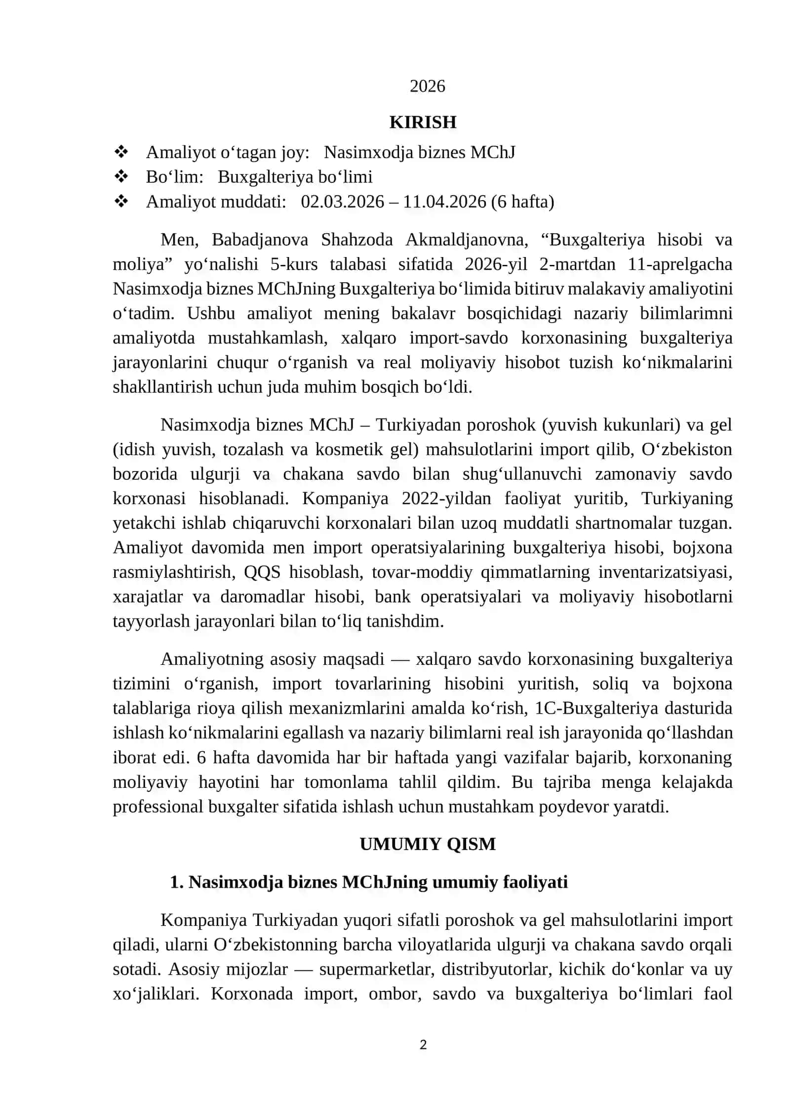MALAKAVIY AMALIYOTI. 6 haftalik. Chakan va ulgurji savdo bilan shugʻullanuvchi mchj boʻyicha. 2