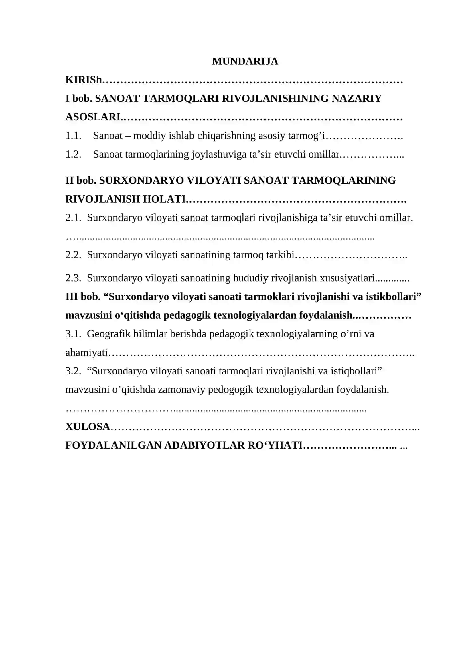 Surxondaryo viloyati sanoati tarmoqlari rivojlanishi va istiqbollari 2