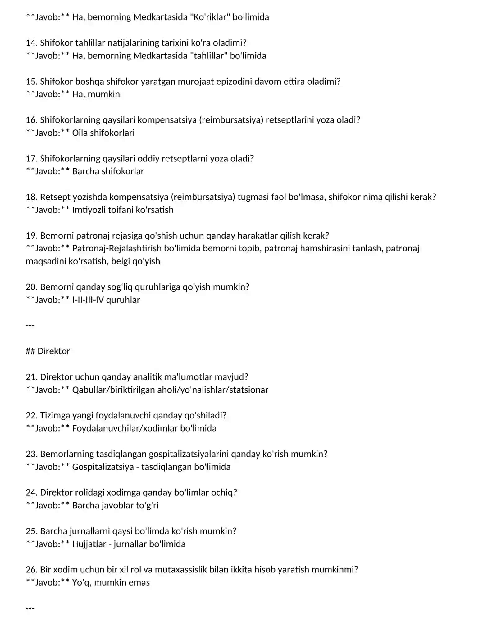 Test savollari DMED boyicha  **bo‘limlar bo‘yicha ajratilgan** holda, har bir savolning **to‘g‘ri javobi bilan** faqat matn sifatida 2