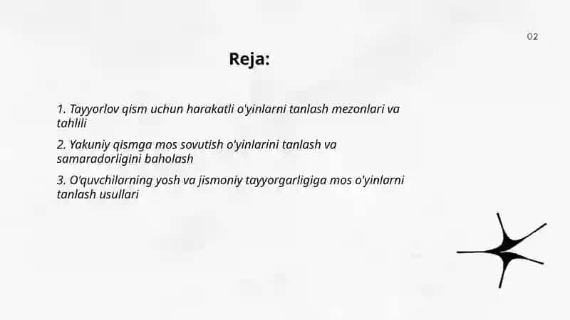 Harakatli o'yinlarni jismoniy tarbiya darsining tayyorlov va yakuniy qismiga mos holda tanlash hamda tahlil qilish 2