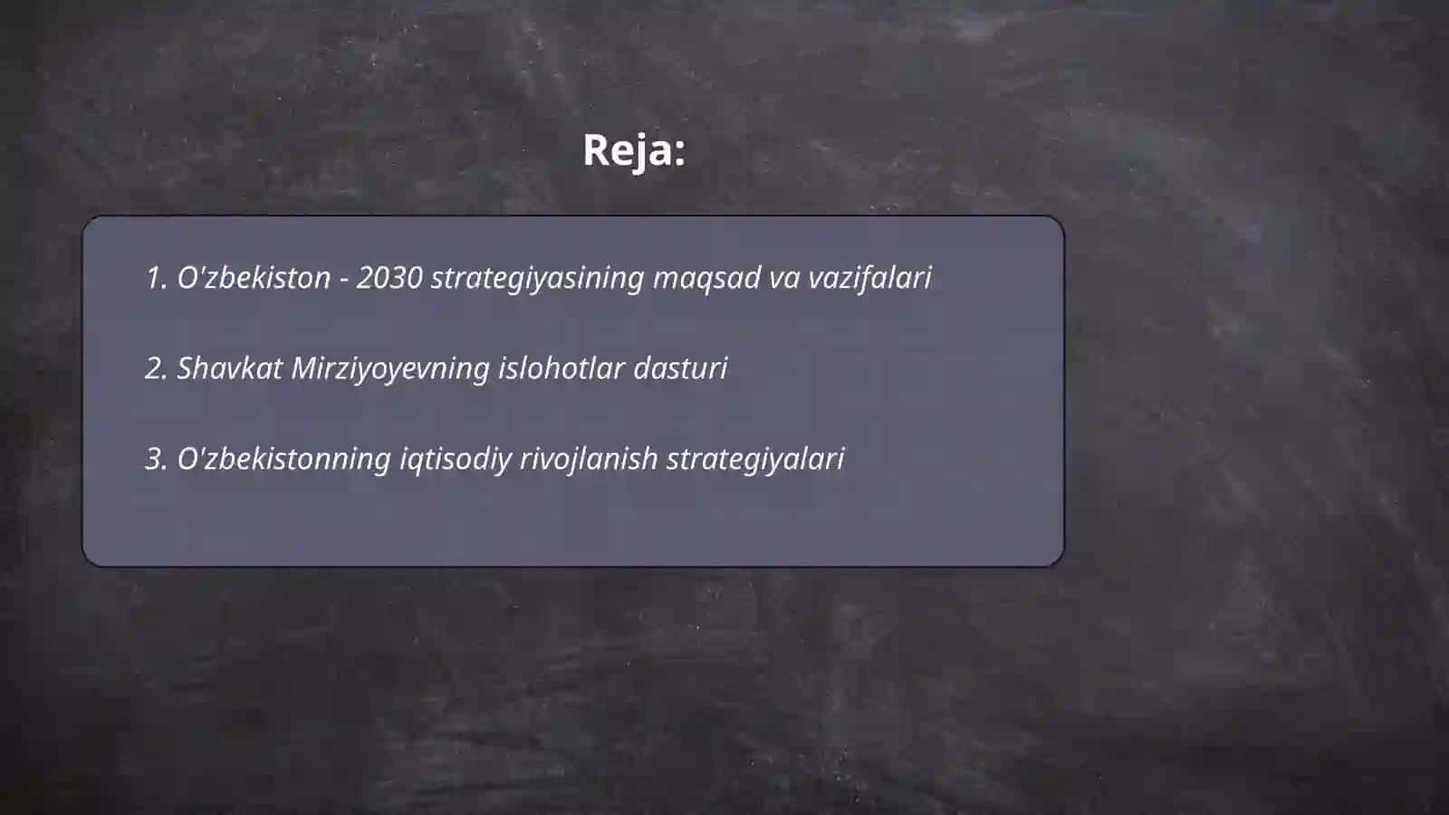 Oʻzbekiston -2030 strategiyasi va Prezident Sh. Mirziyoyev asarlari asosida milliy va xorijiy tajribani qiyoslash 2