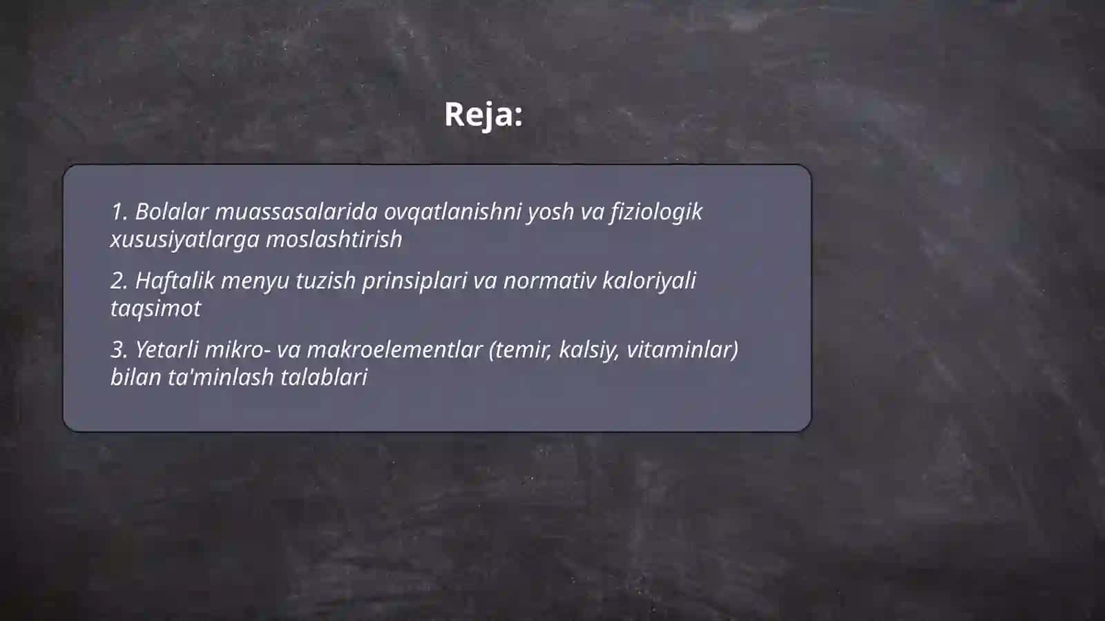 Bolalar muassasalarida ovqatlanishni tashkil etish bôyicha gigenik va nutritsalogik talablar Erkinova Fotima 2