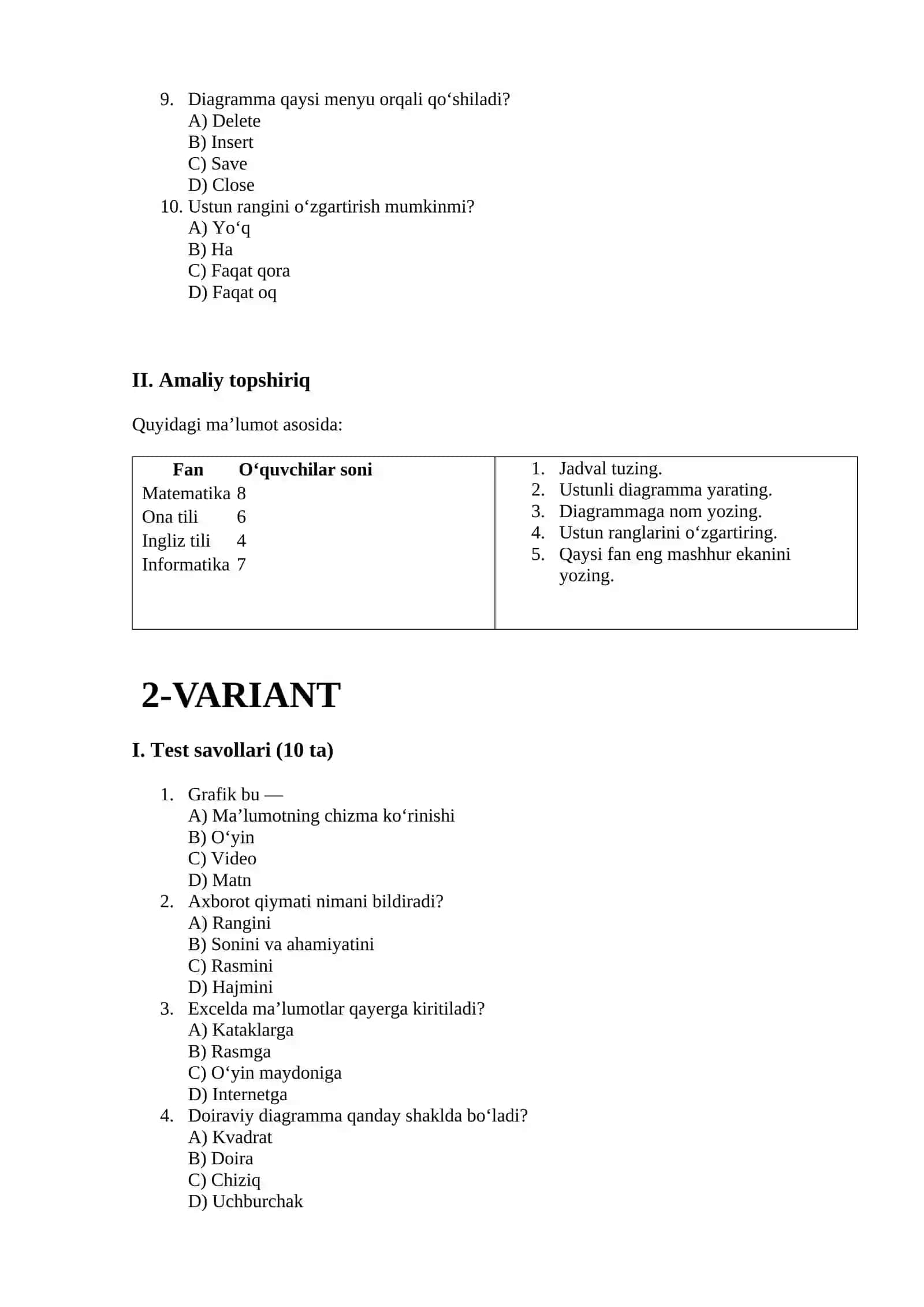 5-sinf informatika fani uchun nazorat ishi test 2 ta variantlik 10 test 2