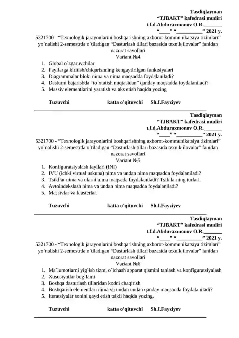 Dasturlash tillari bazasida texnik ilovalar fanidan nazorat savollari 2