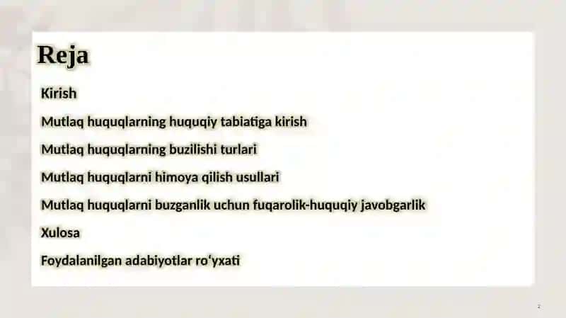 Mutlaq huquqni himoya qilish va uqlarni buzganlik uchun fuqarolik-huquqiy javobgarlik 2