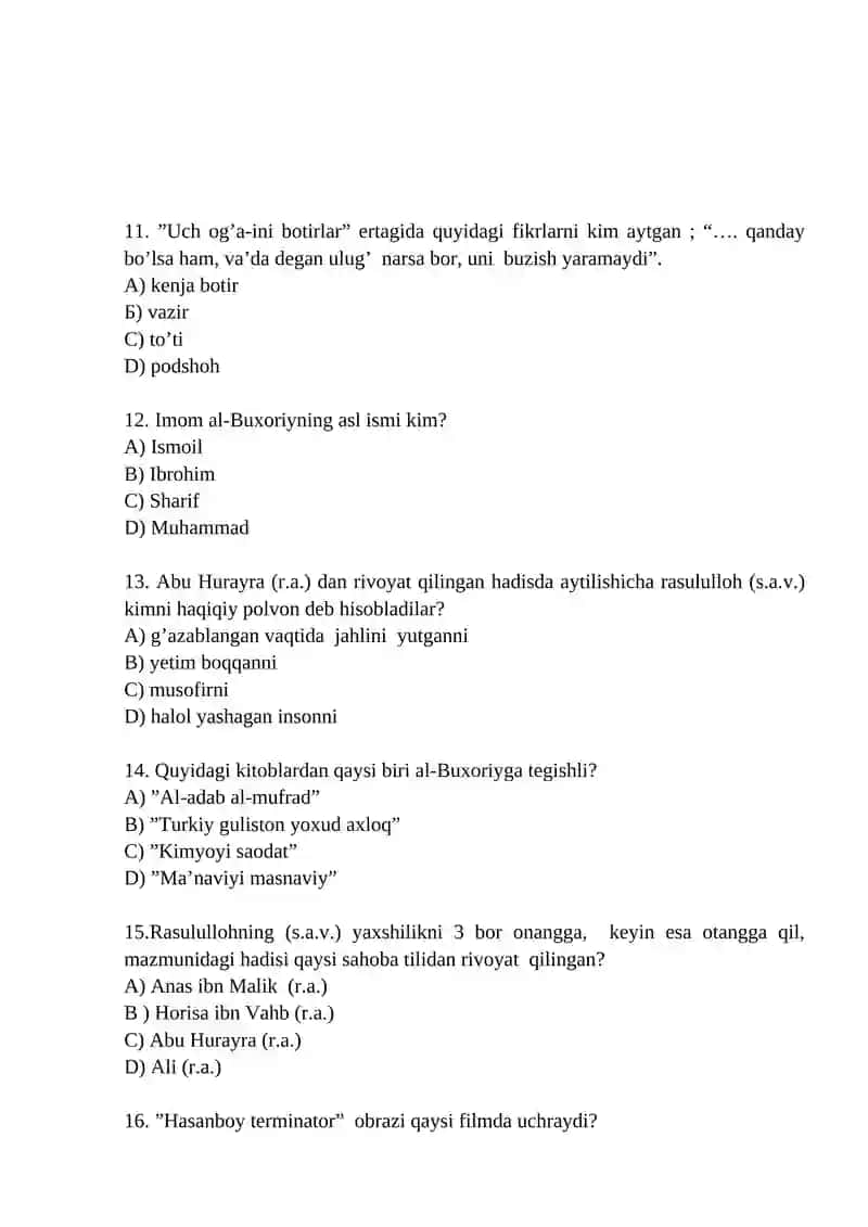 5-sinflar uchun ona tili va adabiyot fanidan test topshiriqlari 2