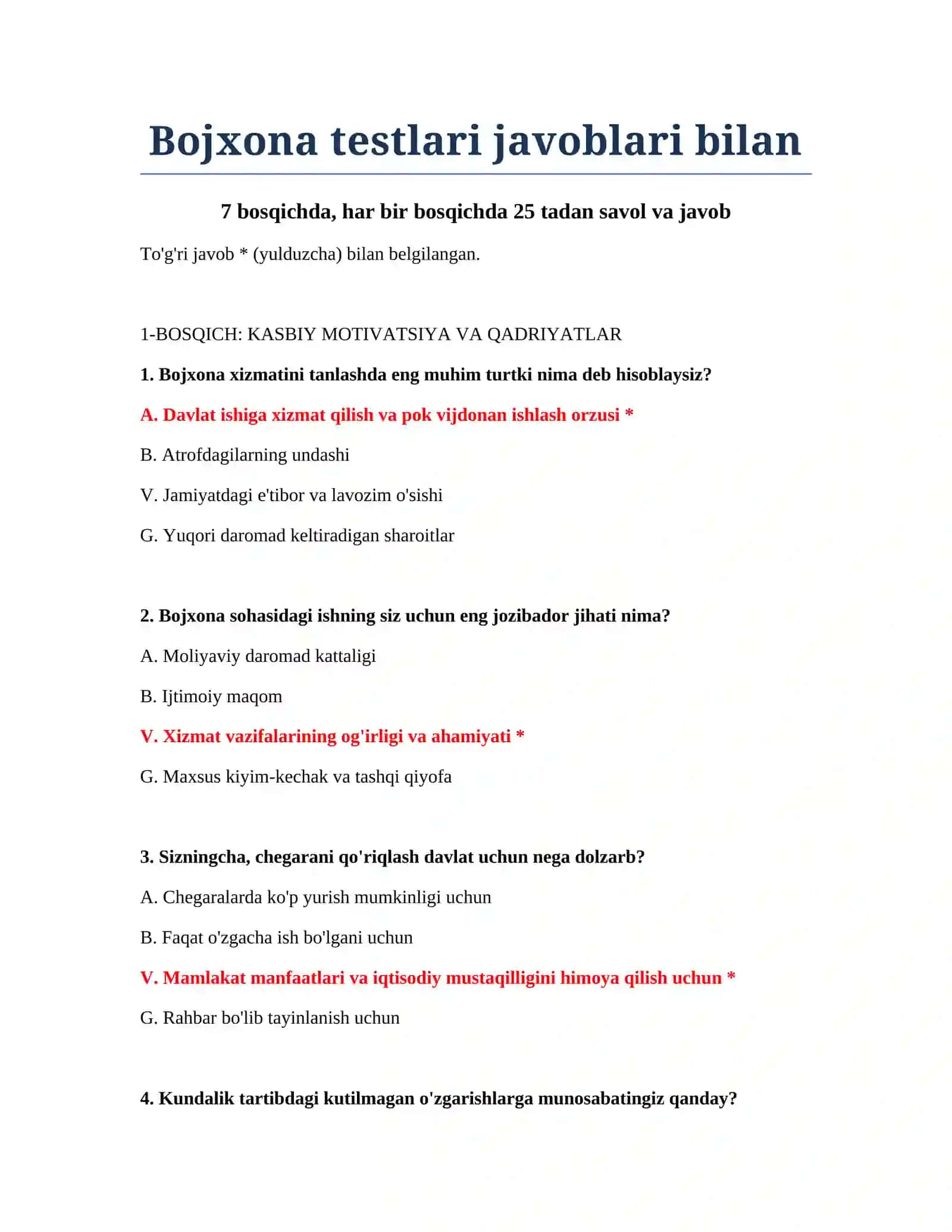 Bojxona Testlari Javoblari Bilan 2