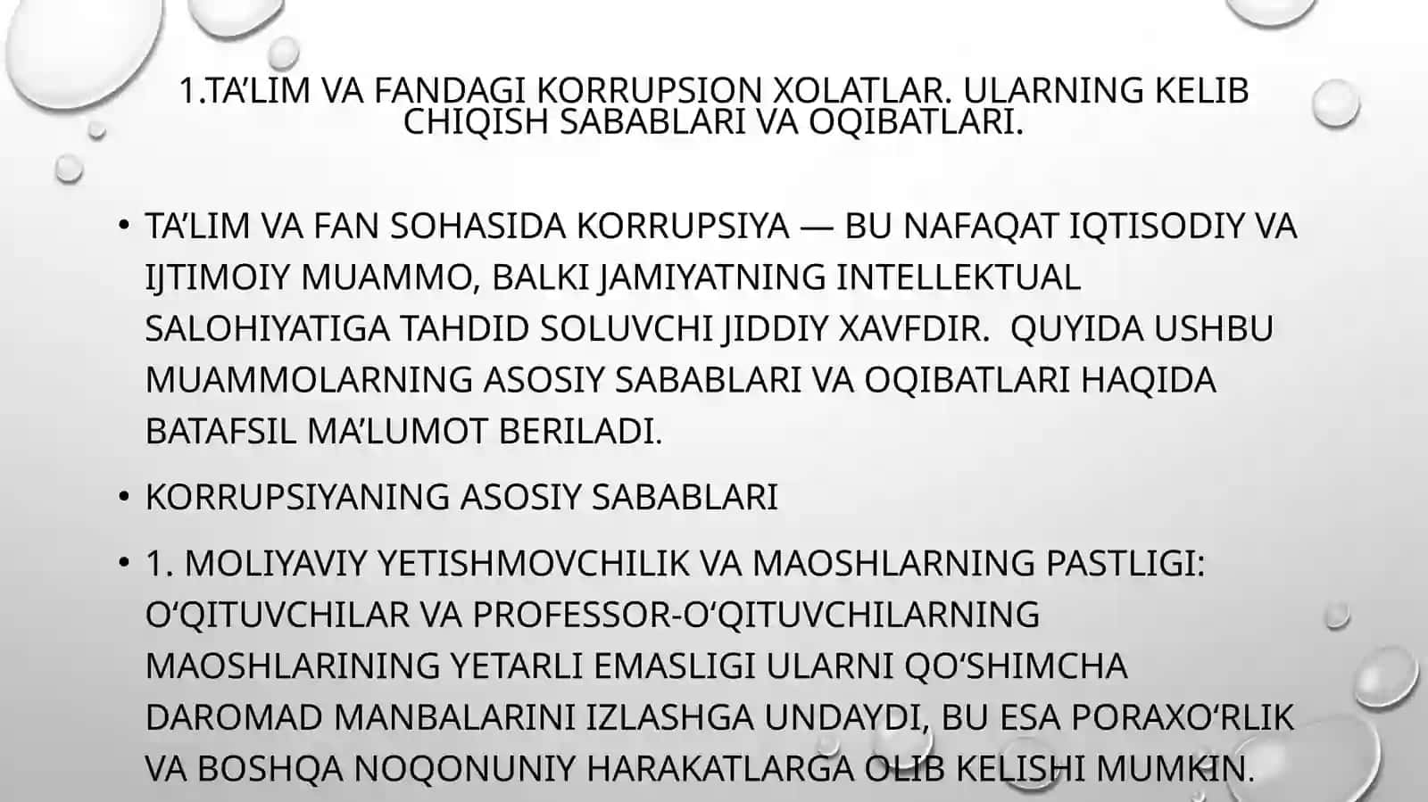Ta’lim va fan tizimidagi korrupsiya. Sabalari va oqibatlari. Xalqarokorrupsiya 2