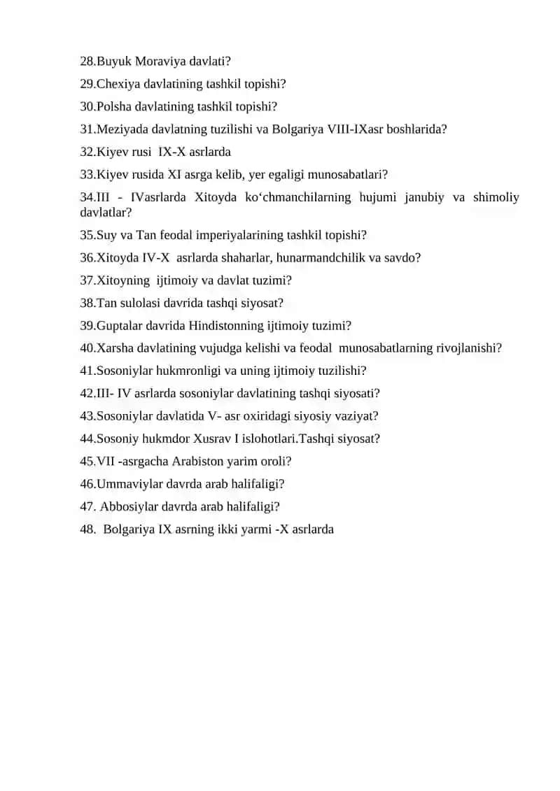 Jahon tarixi fanidan 3- semester uchun yakuniy savollari 2