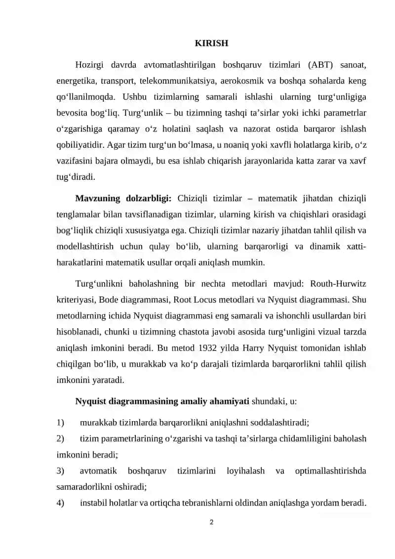 Nyquist diagrammasi yordamida chiziqli tizim turg'unligini tahlil qilish 2