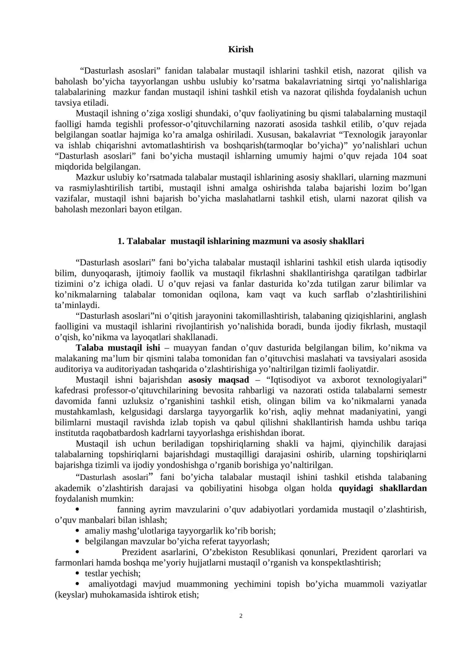 Dasturlash asoslari fanidan talabalar mustaqil ishlarini tashkil etish 2