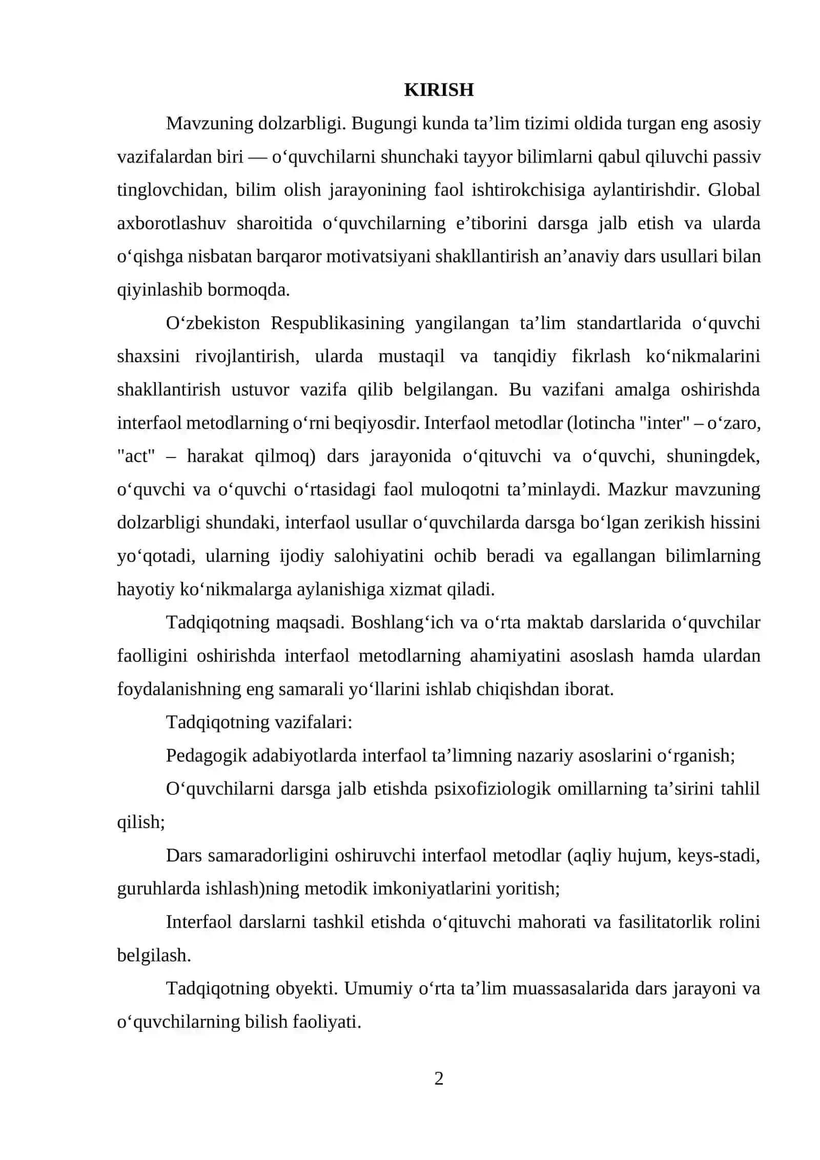 O’quvchilarni darsga jalb etishda interfaol metodlarning o’rni 2