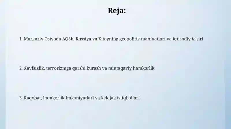 AQSh, Rossiya va Xitoyning Markaziy Osiyodagi Geopolitik Manfaatlari 2