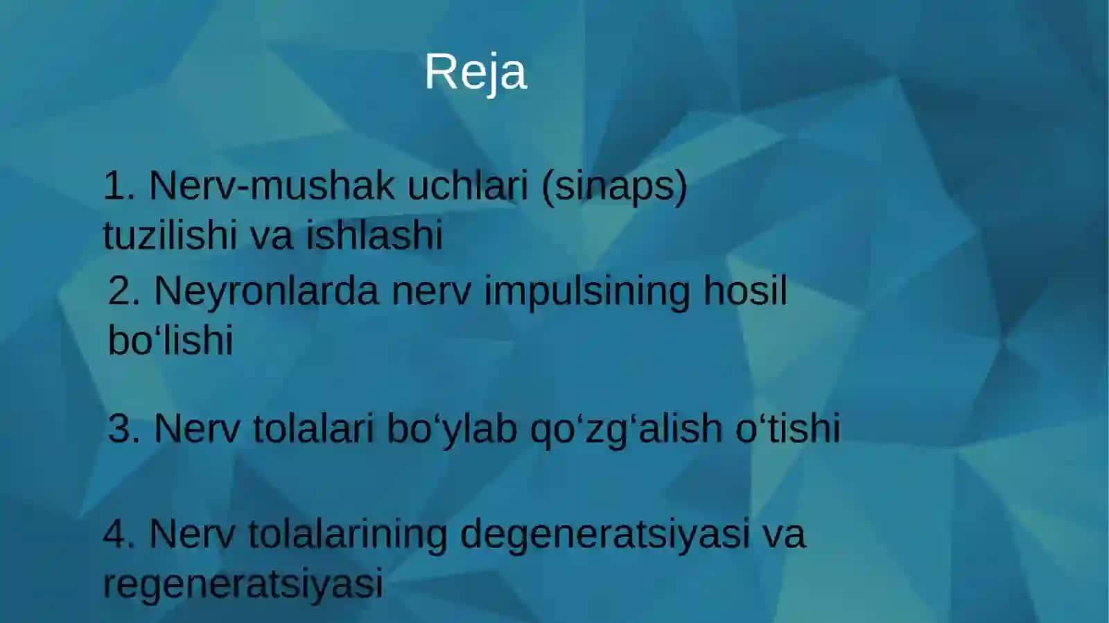 Nerv-mushak uchqunlarining tuzilishi va ishlash prinsipi Neyronlarda nerv impluslarini hosil bo'lishi mexanizmlari Nerv tolalari bo'ylab qo'zg'alishining o'tish mexanizmi Nerv tolalarining degeneratsiyasi va regerenatsiyasi 2