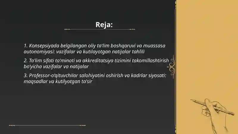 Oʻzbekiston respublikasi oliy ta'lim tizimini 2030 yilgacha rivojlantirish konsepsiyasida belgilangan vazifalar va kutilayotgan natijalar tahlili 2