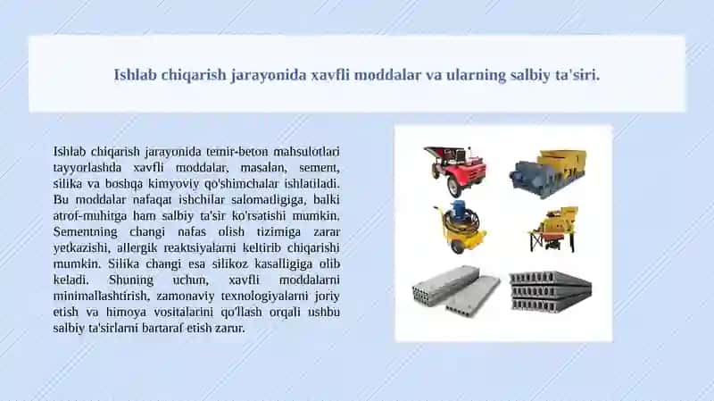 Temir - beton mahsulotlari ishlab chiqarish jarayonida hosil bo‘ladigan zararli faktorlar va ularni bartaraf etish yo‘llari 2