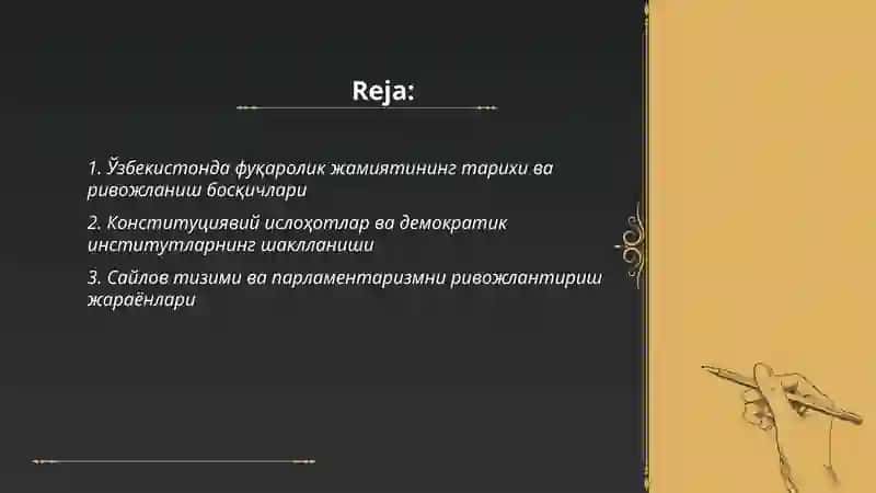 Узбекистонда демократик фуқоролар жамияти асосларнинг шакиланиши ва амалга оширилган сиёсий жараёнлар 2