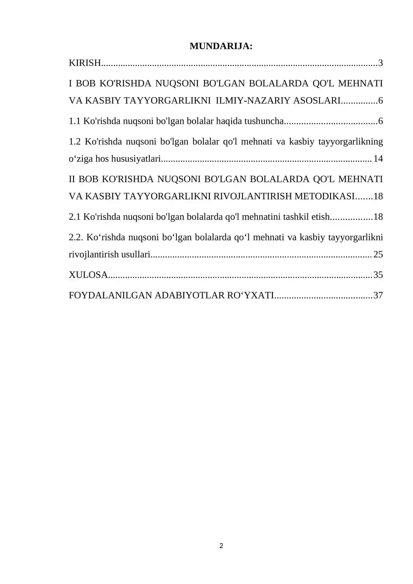 Mamatqulova Bibizahro Rafiqjon qizining maxsus pedagogika va maxsus psixologiya fanidan "Ko'rishda nuqsoni bo'lgan bolalarda qo'l mehnati va kasbiy tayyorgarlik" mavzusidagi kurs ishi 2