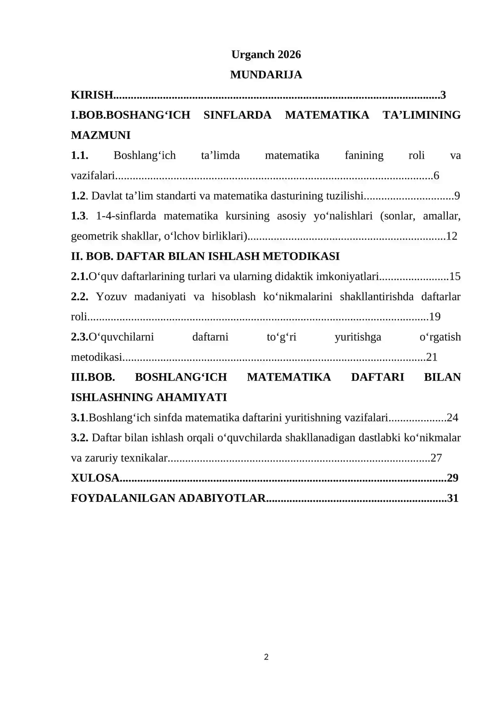 Daftar bilan ishlash metodikasi. Boshlang‘ich sinflarda matematika kursining mazmuni va tuzilishi 2