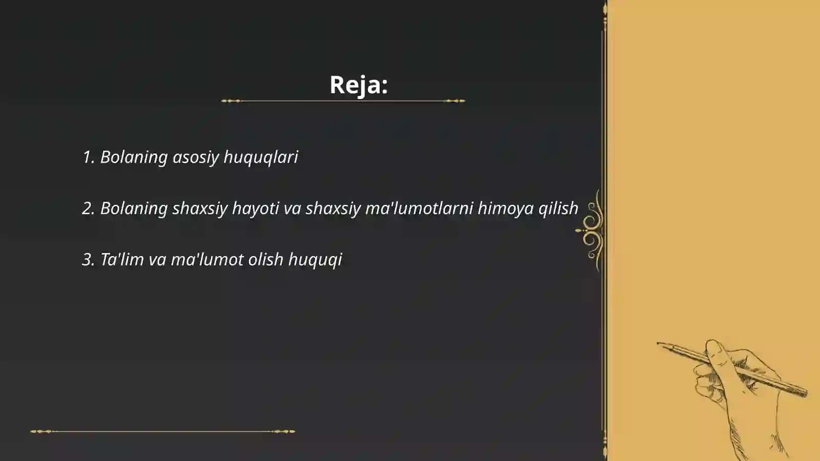 BMTning Bola huquqlari toʻgʻrisidagi konventsiyasi. Media bola huquqlari mavzusida taqdimot tayyorlash va og'zaki himoya qilish 2