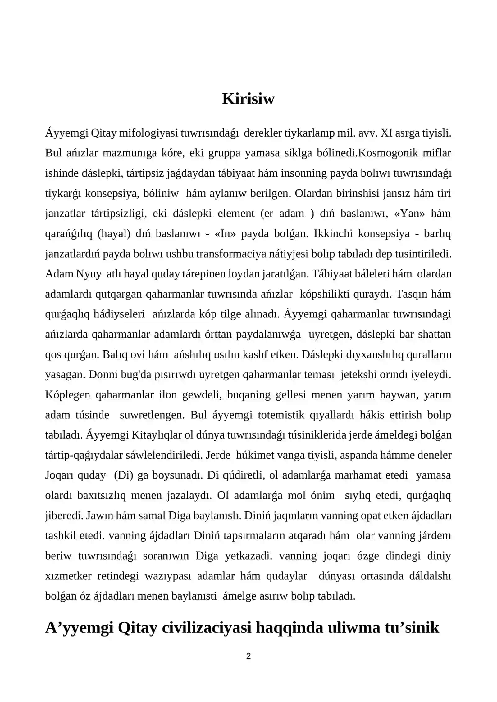 Áyyemgi Qitay mifologiyasi tuwrısındaǵı derekler tiykarlanıp mil. avv. XI asrga 2