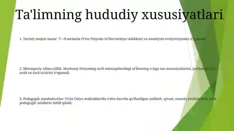 7Asrdan 9Asrning Birinchi Yarmigacha OʻRta Osiyodagi Maktablarda Tarbiya VaPedagogikFikrlar 2