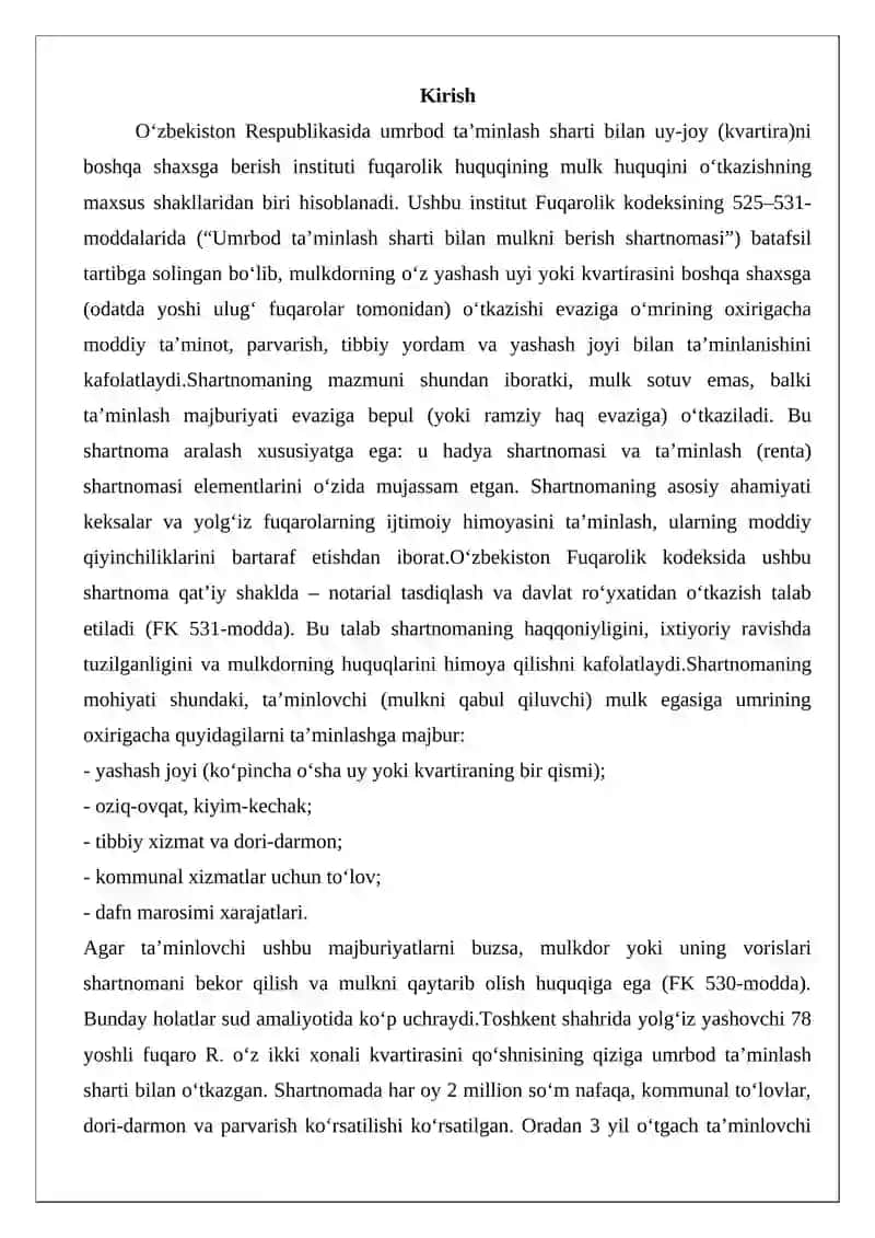 Umrbod ta’minlash sharti bilan uy-joy (kvartira)ni boshqa shaxsga berish 2