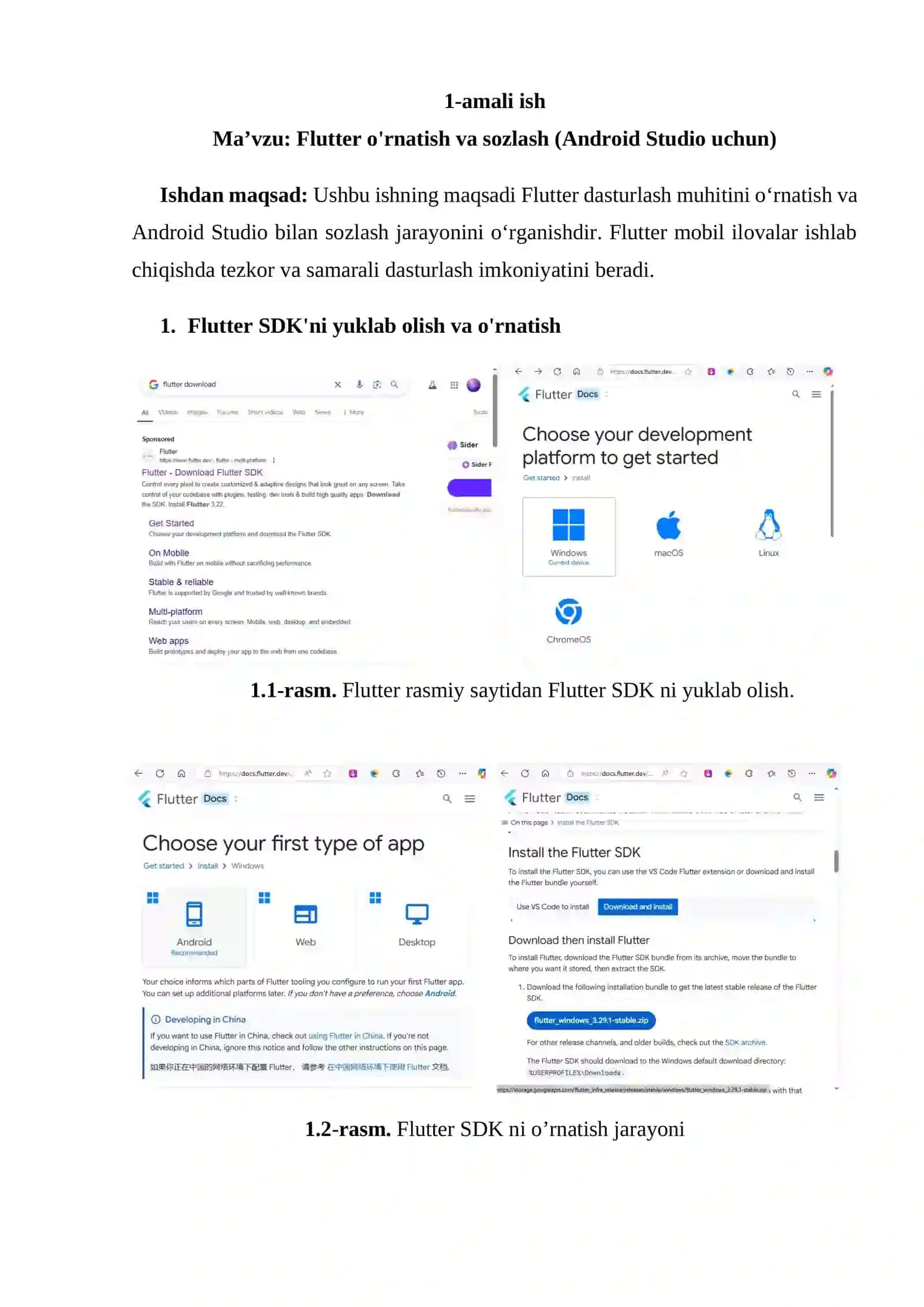 Flutter o'rnatish va sozlash (Android Studio uchun). Amaliy ish 2