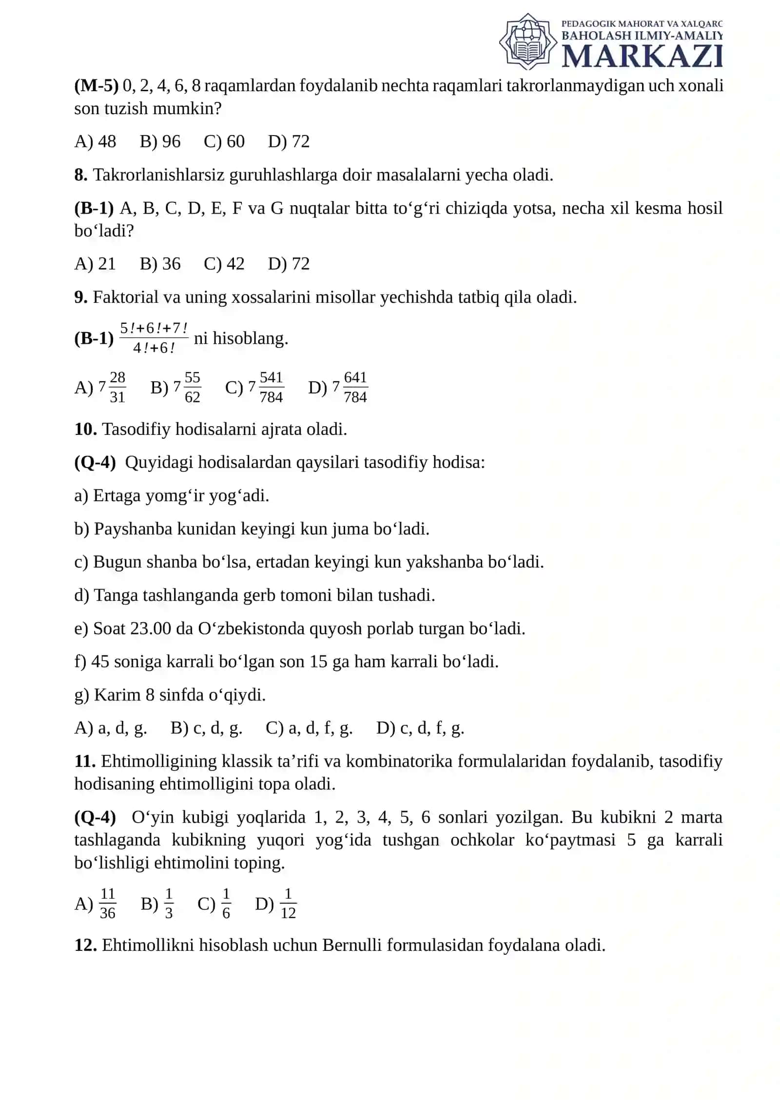 8 – sinf Matematika fanidan IV-chorak ChSB 2