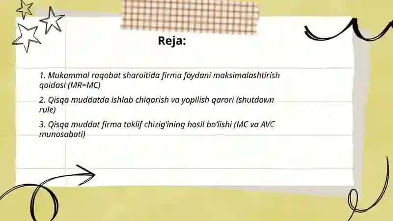 Mukammal raqobatli bozorda foydani maksimalashtirish va uzoq muddatli ishlab chiqarish qarorlari 2