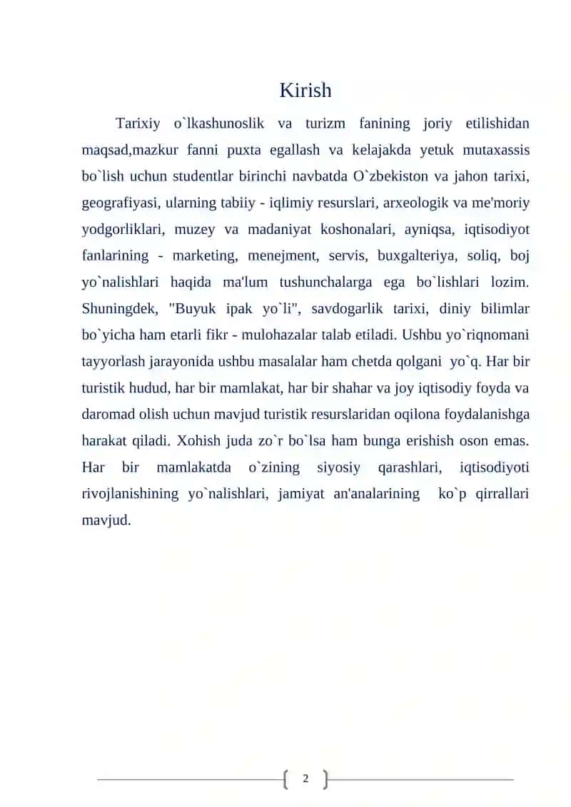 Davlat iqtisodiyotida turizmning tutgan o`rni mavzusini o`rganish buyicha 2
