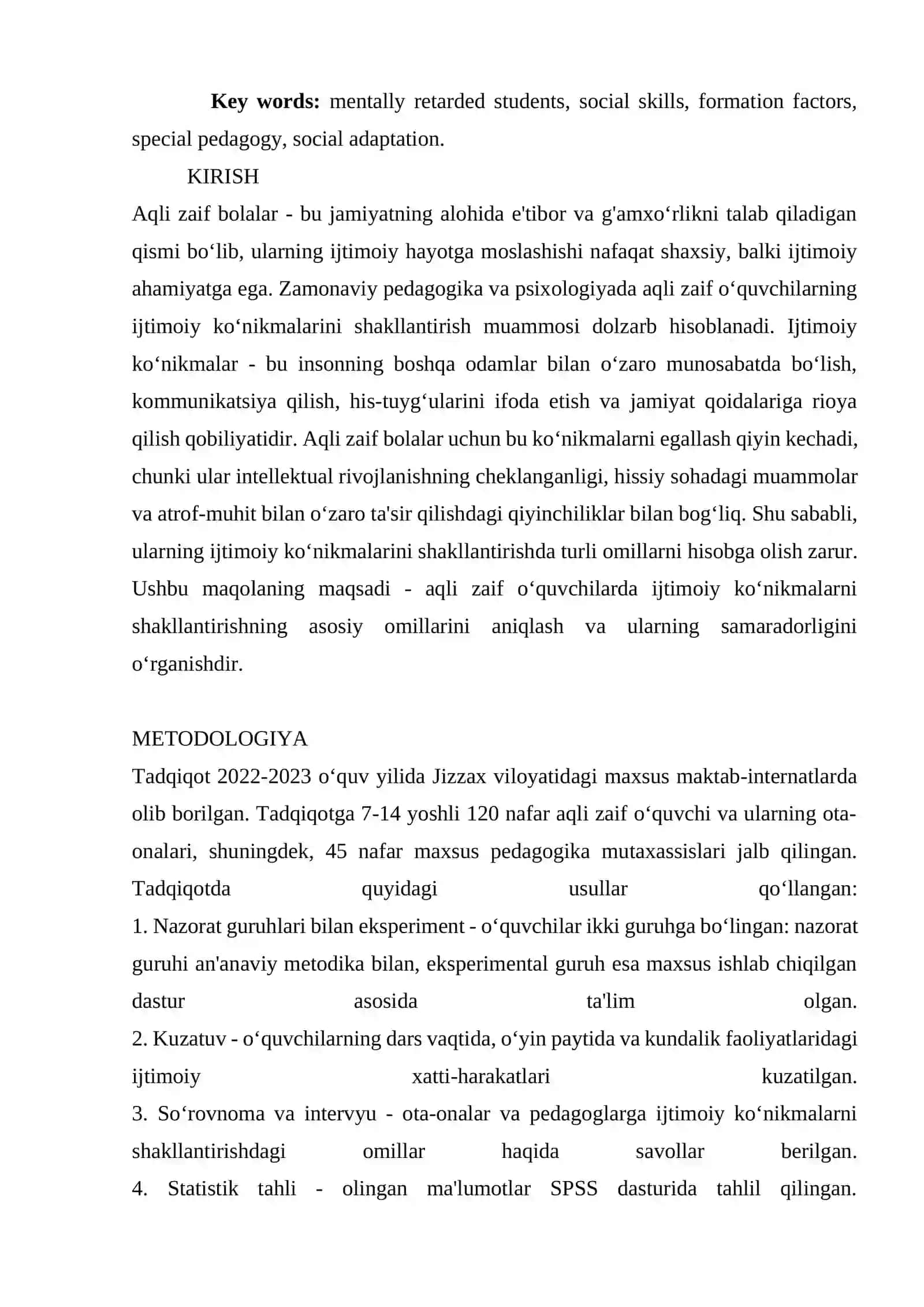 AQLI ZAIF O‘QUVCHILARDA IJTIMOIY KO‘NIKMALARINI SHAKLLANTIRISH OMILLARI 2