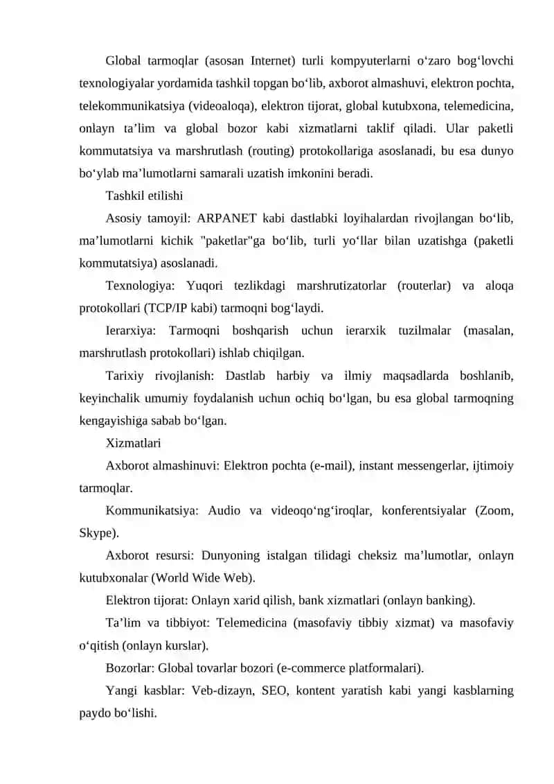 GLOBAL TARMOQLARI TASHKIL ETILISHI VA XIZMATLARI 2