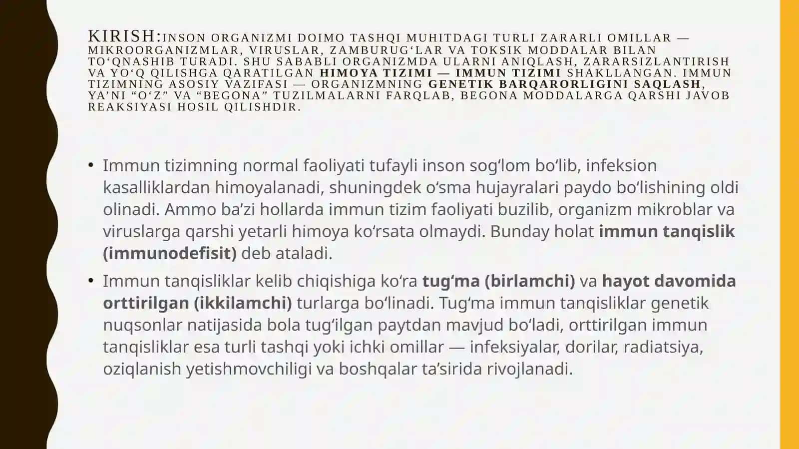 Immun tanqislik holatlari (tug'ma, hayot davomida orttirilgan). immun profilaktika va immun terapiya asoslari 2