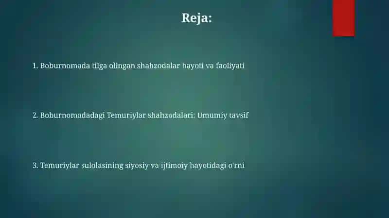 Boburnomada Temuriylar shahzodalar vasfi 2