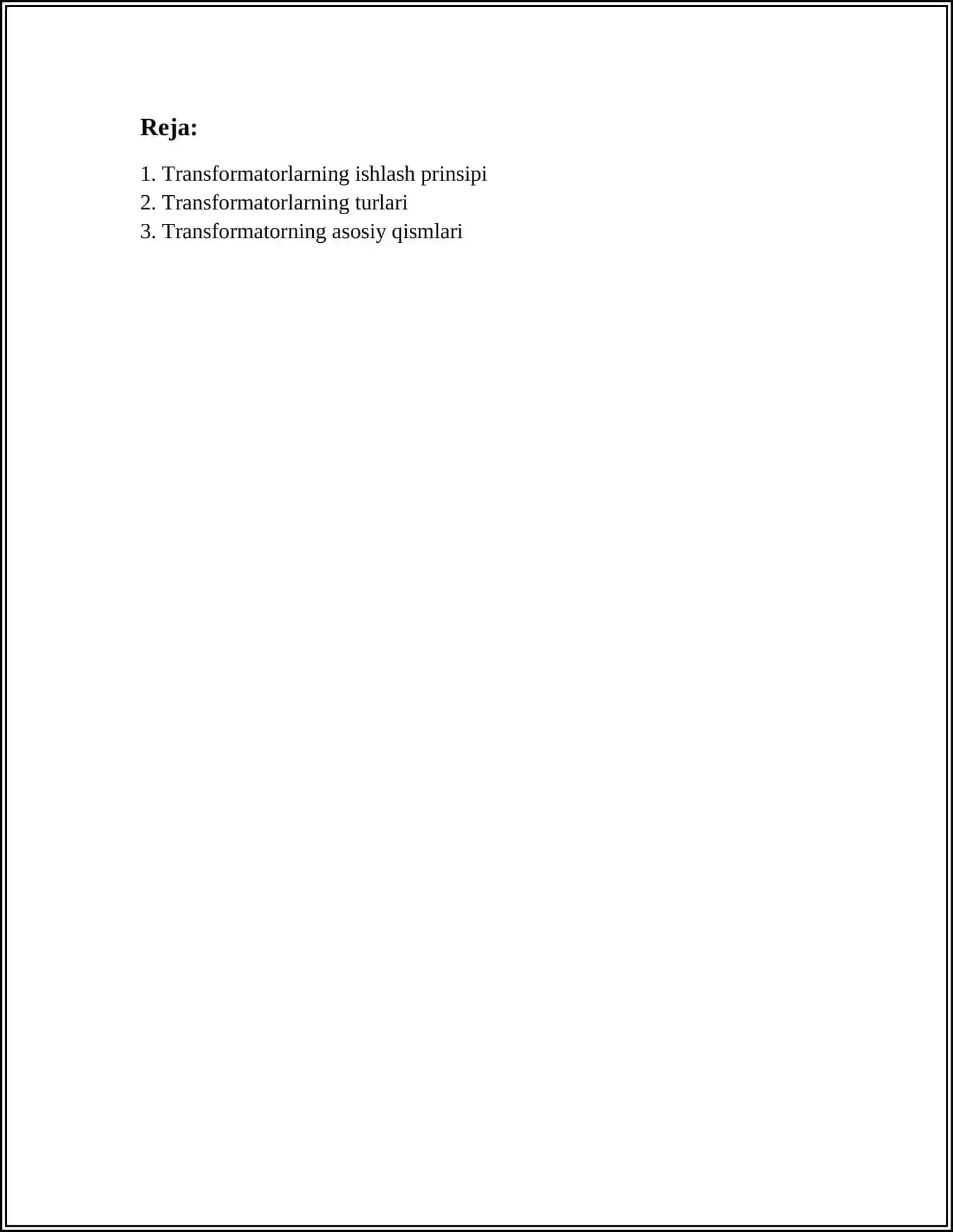 MUSTAQIL ISH Mavzu: TRANSFORMATORLAR 2