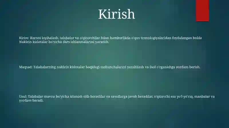 Nuklein Kislotalar Mavzusini Bo'Yicha O'Qituvchi Va O'Quvchi Hamkorligida O'Qitish Texnalogiyasidan Foydalanib Dars Ishlanmalarini Ishlab Chiqish 2