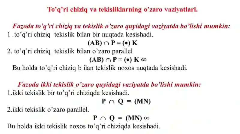 To’q’richiziq va tekisliklarning o’zarovaziyatlari 2