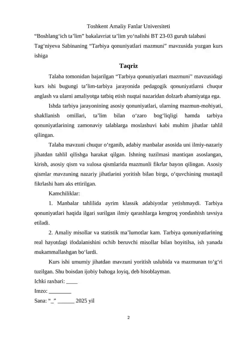 "Tarbiya qonuniyatlari mazmuni" 2