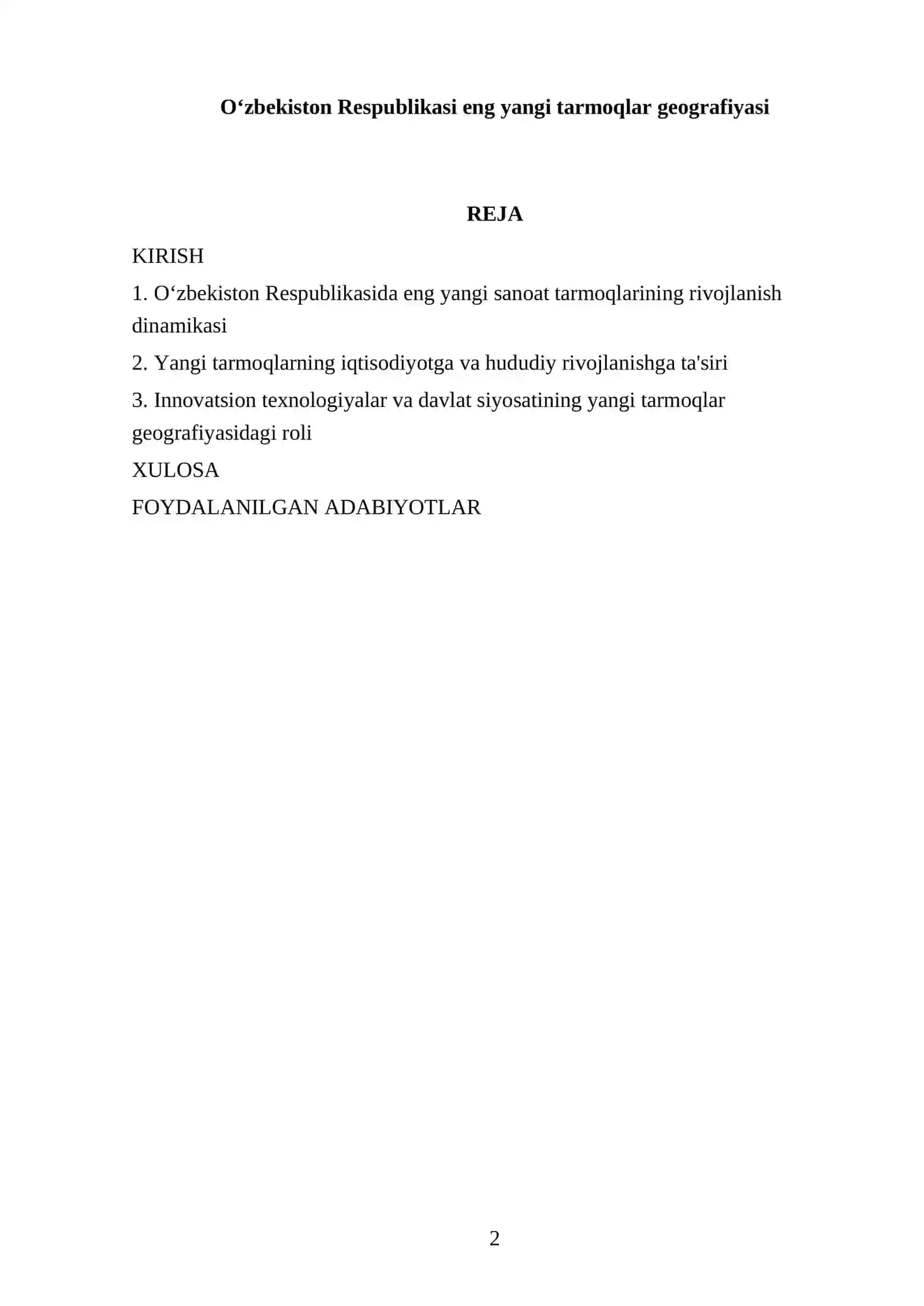Oʻzbekiston Respublikasi eng yangi tarmoqlar geografiyasi 2