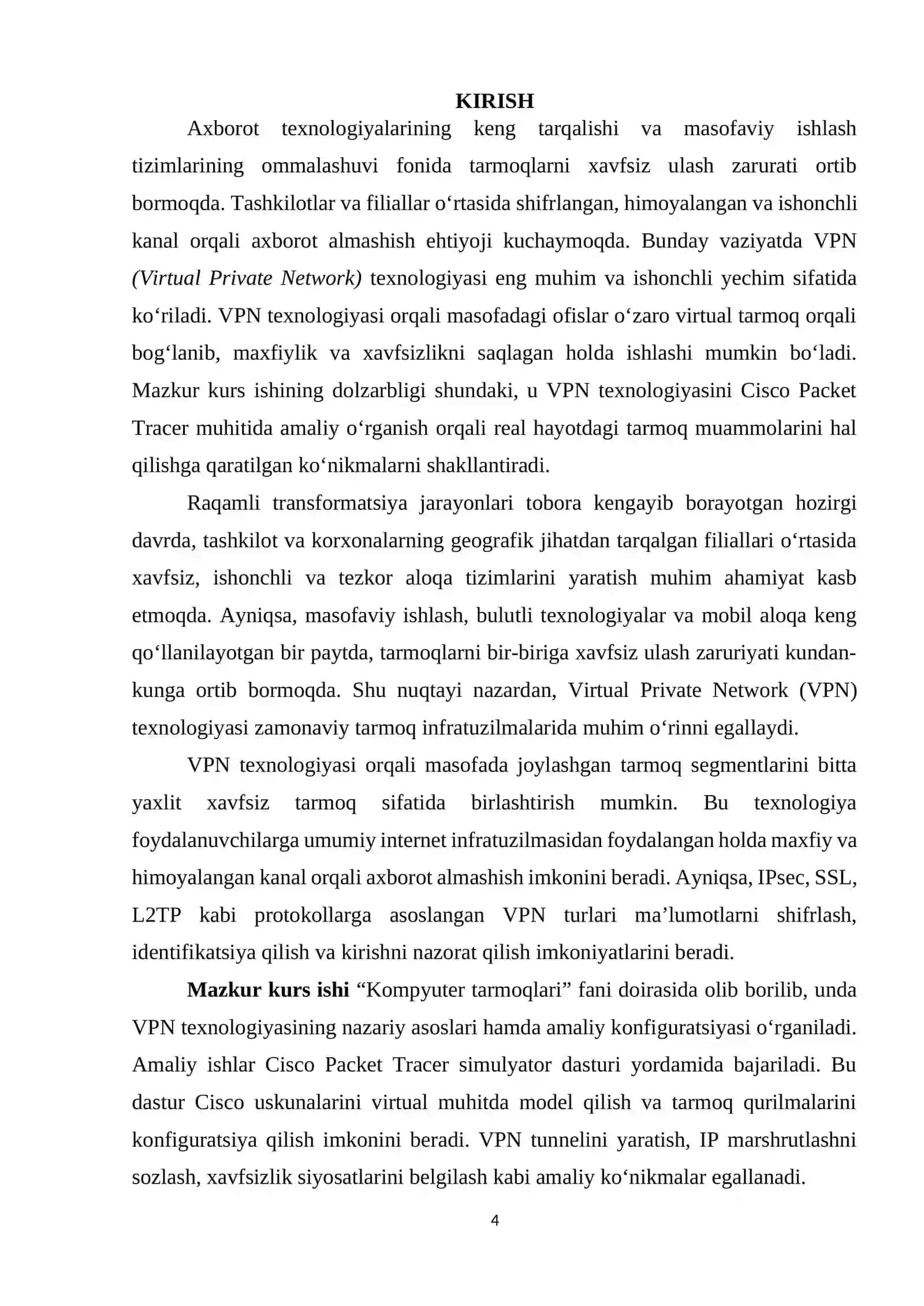 BOB. CISCO PACKET TRACERDA VPN ASOSIDA MASOFAVIY TARMOQ KONFIGURATSIYASI VA XAVFSIZLIKNI TA'MINLASH 2