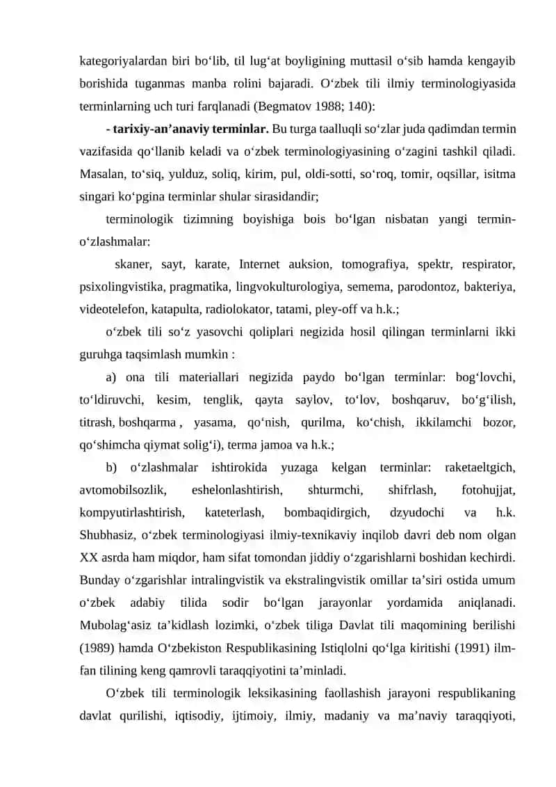O‘zbek terminologik tizimining o‘ziga xos xususiyati va terminologik tizimda o‘z qatlamning qo‘llanish doirasi. 2