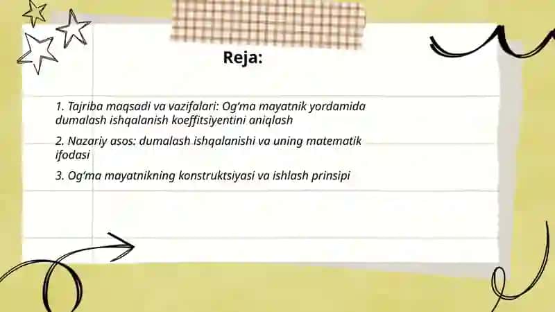Ogʻma mayatnik yordamida dumalash ishqalanish koeffitsiyentini aniqlash 2