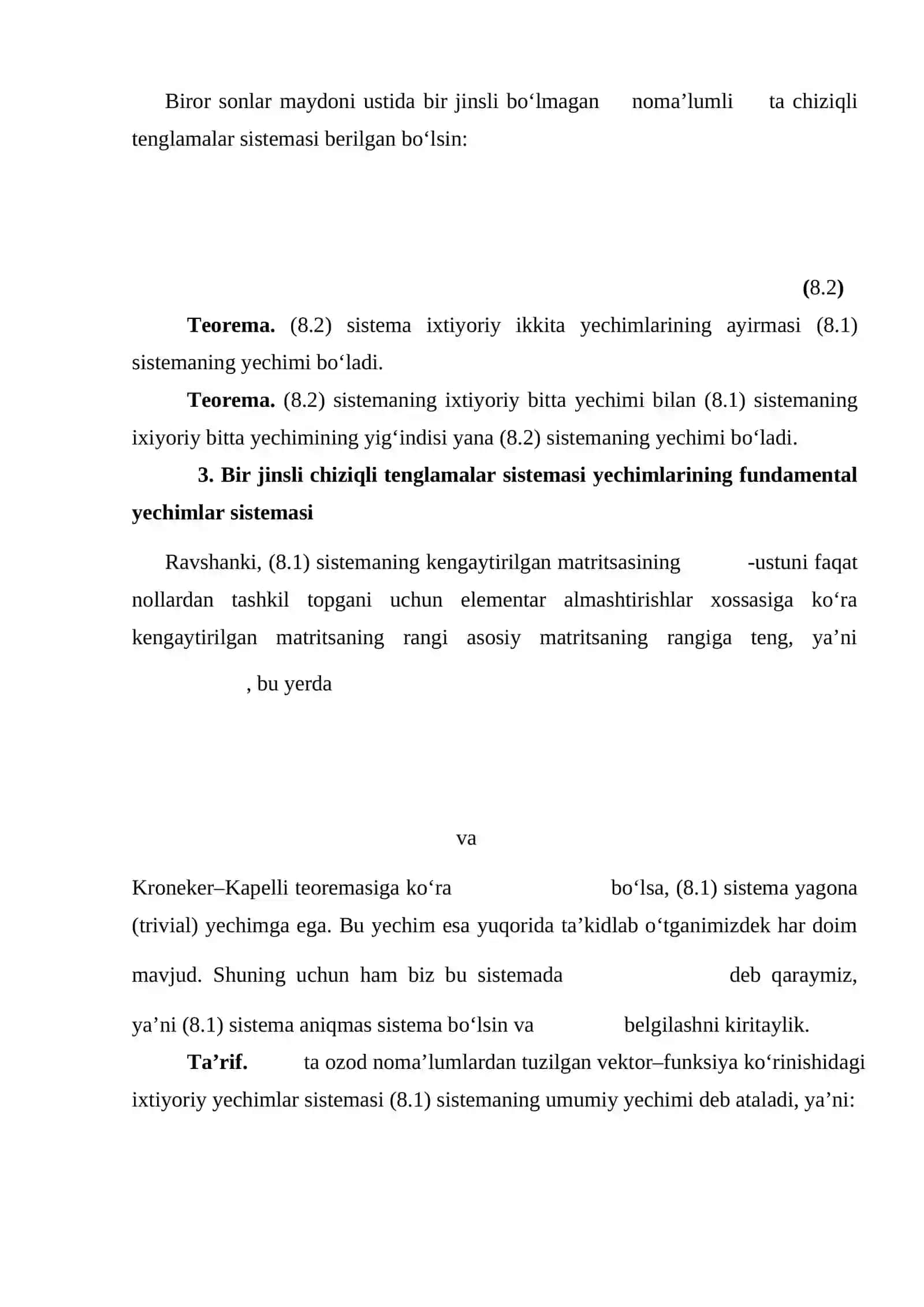 Bir jinsli algebraik tenglamalar sistemasining notrival yechimi mavjudlik sharti 2