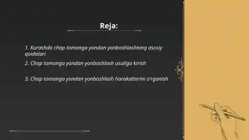 Kurashda yondan yonbosh usulini o'rgatish (chap tomonga) 2