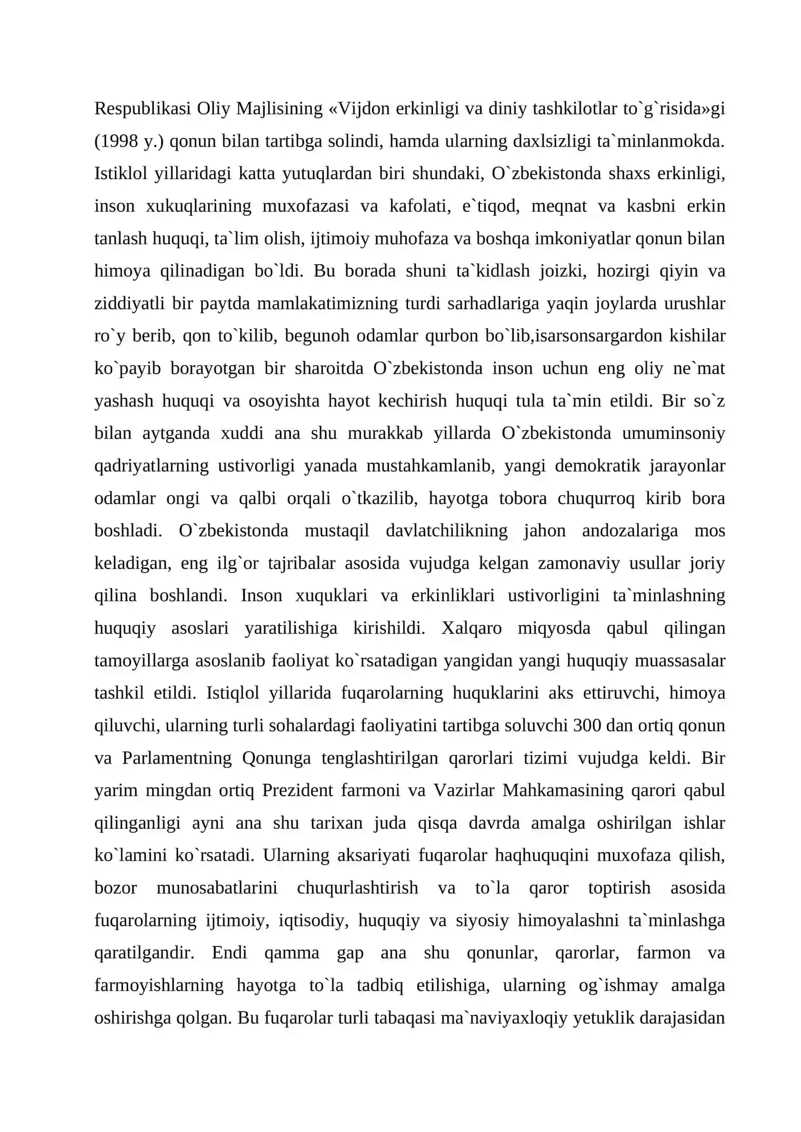 O`zbekistonda inson huquqlari va erkinliklari kafolatining yaratilishi 2